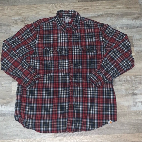 Carhartt Mens Relaxed Fit Red Blue White Plaid Flannel Button Shirt Size XL - Picture 1 of 5